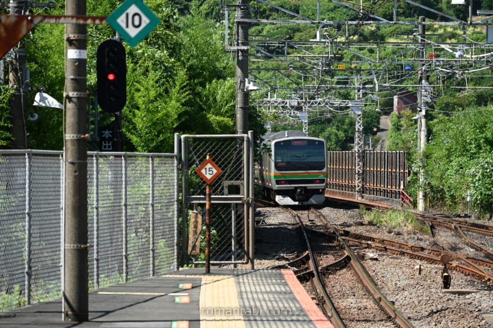 根府川駅の下りプラットホームと東海道線